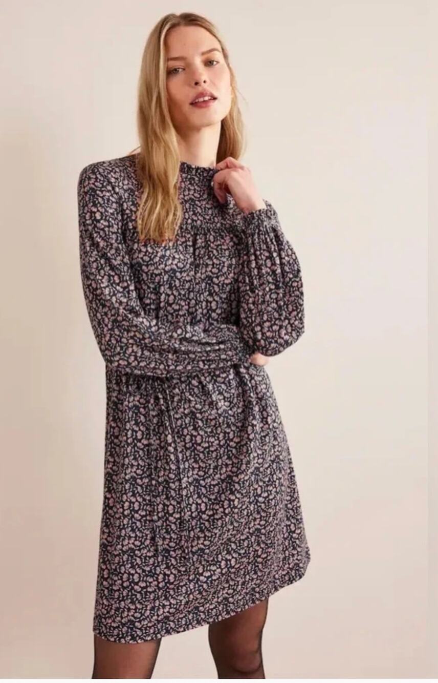 NWT New Boden Easy Yoke Mini Dress Long Sleeve Floral Print Navy Dress Size 12L